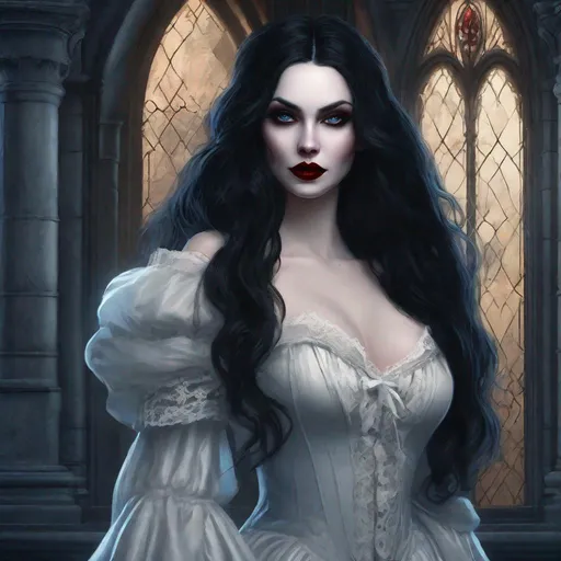 Prompt: ultra beautiful realistic and lifelike gothic vampiric woman with red lips, long black hair and blue eyes wearing a white flowing victorian style gown and a very curvaceous figure stands in front of a dark gothic mansion at night