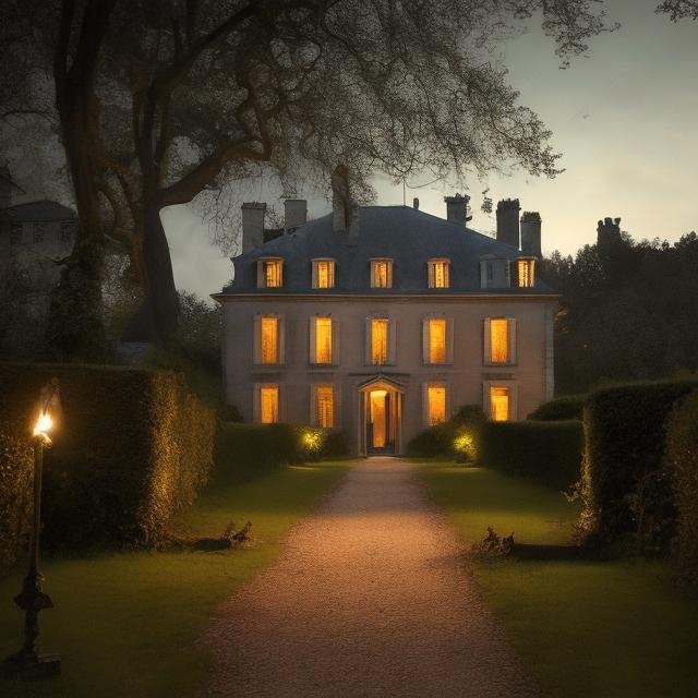 Prompt: 1800s smaller French Mansion Estate with foreboding overgrown grounds at dusk. An attractive brunette woman in period clothing from the early 1800s stands outside looking down the path holding a torch