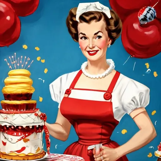 Prompt: realism portrait of a 1950s housewife with a huge beehive hairdo in a red dress with a white apron holding a large birthday cake with candles on it  against a blue backdrop