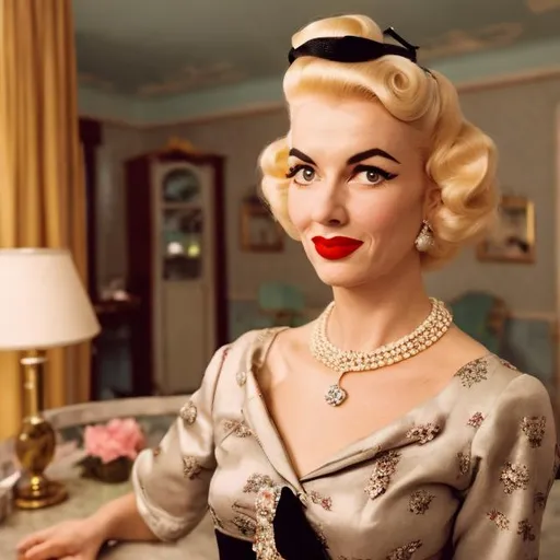 Prompt: Wes Anderson Style 1950s housewife with full makeup, wearing a black evening dress and a diamond necklace with curlers in her blond hair 