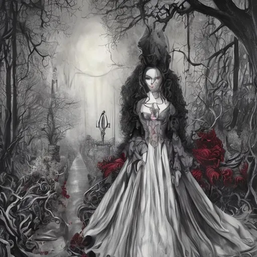 Prompt: Ultra Realistic ultra detailed and lifelike Tim Burton Inspired full length oil painting of an ominous looking beautiful pale victorian gothic vampiric girl with long blond curly hair wearing a dark burgandy gothic dress and red lips with drops of blood dribbling from her mouth and large dark eyes full of malice against a backdrop of a foggy night in the woods with cinematic quality lighting and detailed features