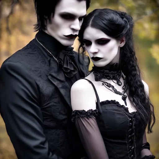 Prompt:  gothic vampiric man and woman with black dress embracing