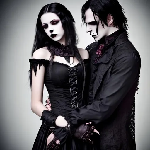 Prompt:  gothic vampiric man and woman with black dress embracing