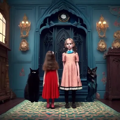 Prompt: wes anderson style gothic young girl with blue frock holding a black cat in a dark room