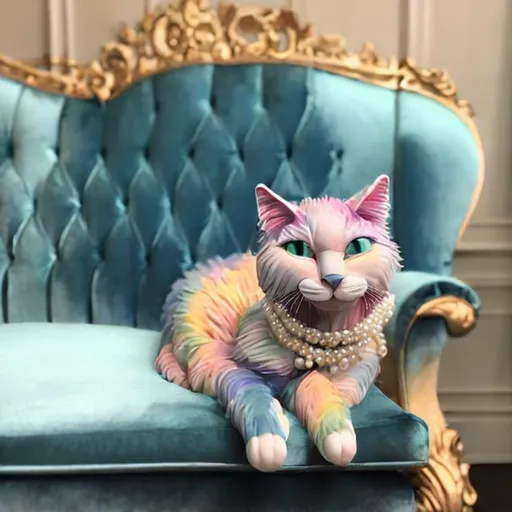 Prompt: Photo of a 3d style realistic multi pastel colored cat wearing a light blue silk evening dress and pearls around its neck sitting on a velvet chaise lounge