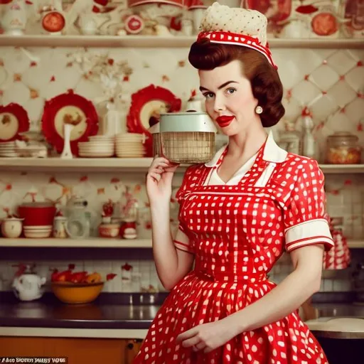Prompt: Wes Anderson type portrait of a 1950s housewife with a huge beehive hairdo in a red dress with a white apron against a backdrop of a 1950s style house