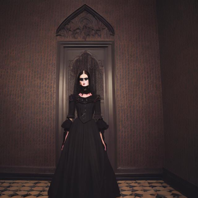 Prompt: wes anderson style gothic woman  with black dress in a dark room