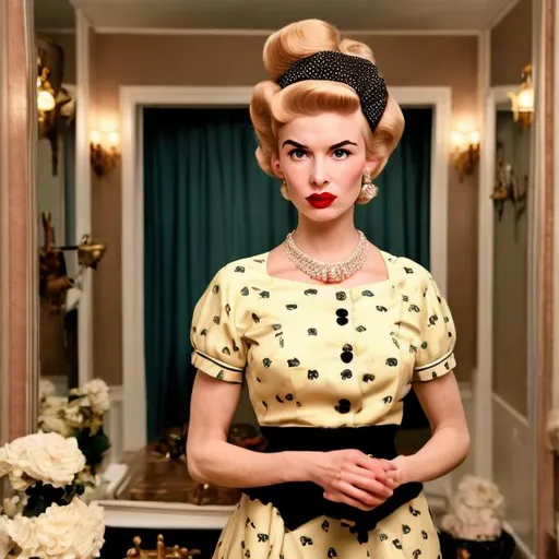 Prompt: Wes Anderson Style 1950s housewife with full makeup, wearing a black evening dress and a diamond necklace with curlers in her blond hair 