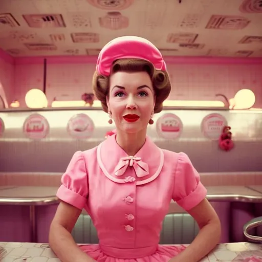Prompt: Wes Anderson type portrait of a 1950s housewife with a huge beehive hairdo in a pink dress at a diner