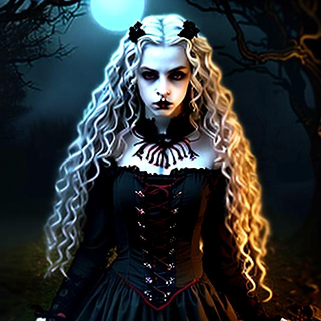 Prompt: Ultra Realistic ultra detailed and lifelike portrait of an ominous looking beautiful pale victorian gothic vampiric girl with long blond curly hair wearing a dark burgandy gothic dress and red lips  and large dark eyes full of malice against a backdrop of a foggy night in the woods with cinematic quality lighting and highly detailed features