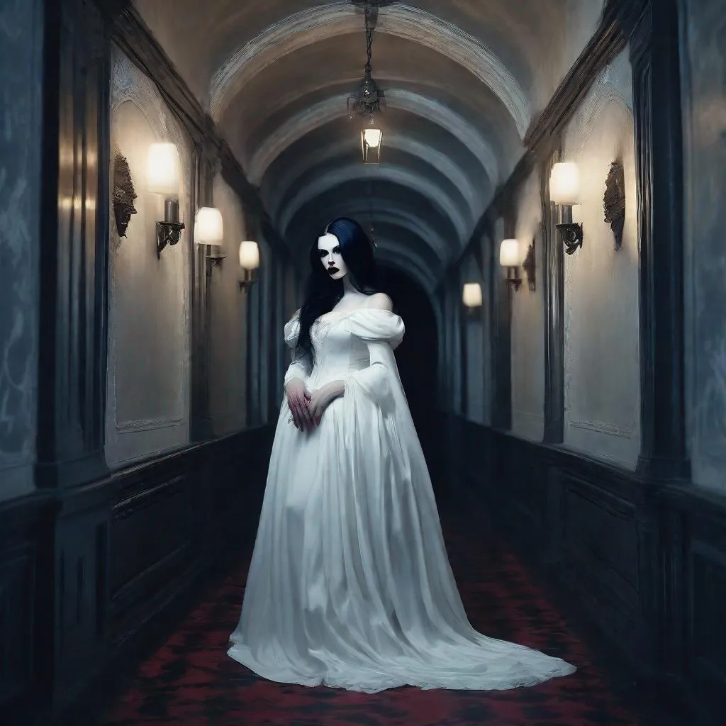 Prompt: ultra beautiful realistic and lifelike gothic vampiric woman with red lips, long black hair and blue eyes wearing a white flowing victorian style gown and a very curvaceous figure stands in a dark corridor