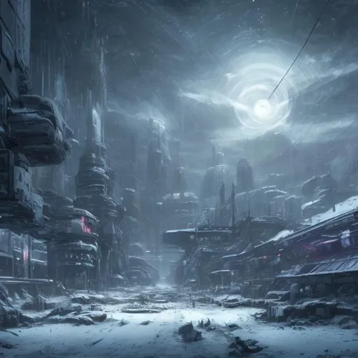 Prompt: a dark snowy futuristic  apocalyptic world 