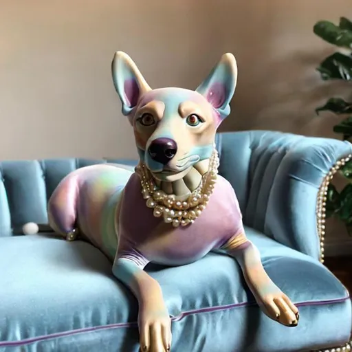 Prompt: Photo of a 3d style realistic multi pastel colored dog wearing a light blue silk evening dress and pearls around its neck sitting on a velvet chaise lounge