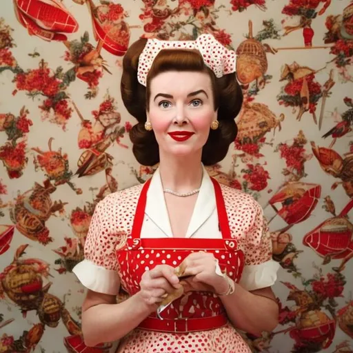 Prompt: Wes Anderson type portrait of a 1950s housewife with a huge beehive hairdo in a red dress with a white apron against a backdrop of 1950s style wallpaper holding a knife