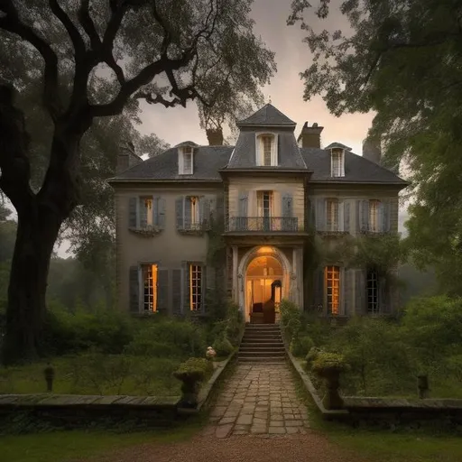 Prompt: Photo of a 1800s smaller French Mansion Estate with foreboding overgrown grounds with lots of greenery at dusk with an attractive brunette woman in dark period clothing from the early 1800s stands outside looking down the path holding a torch looking worried