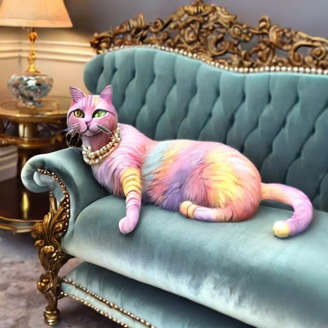 Prompt: Photo of a 3d style realistic multi pastel colored cat wearing a light blue silk evening dress and pearls around its neck sitting on a velvet chaise lounge