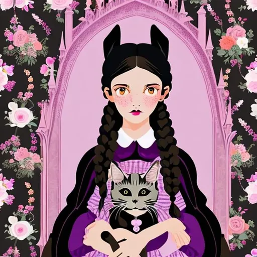 Prompt: Wes Anderson type gothic style portrait of a young girl with long black hair in braids and black gothic dress holding a cute black cat against a backdrop of flowery purple wallpaper