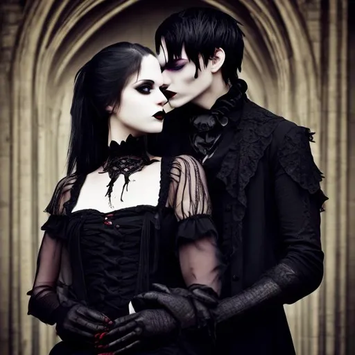 Prompt:  gothic vampiric man and woman with black dress embracing