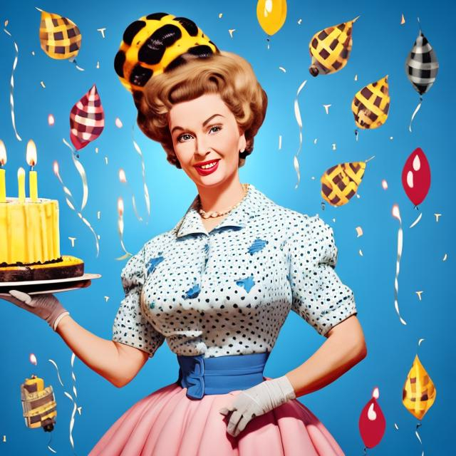 Prompt:  portrait of a 1950s housewife woman with a huge beehive hairdo holding a large birthday cake with candles on it  against a blue backdrop