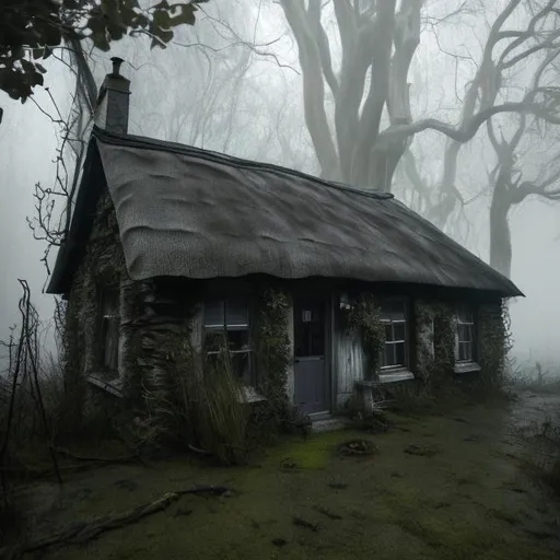 Prompt: ultra realistic dark abandoned small witches cottage in the swamp on a foggy night 