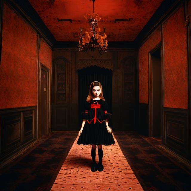 Prompt: wes anderson style gothic young girl with black dress in a dark room