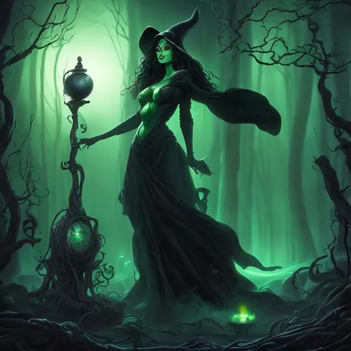 Prompt: ultra realistic beautiful green  woman with a curvaceous figure and black hair wearing a black cape and witches hat stands near a bubbling cauldron in a dark wooded area on a foggy night