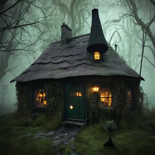 Prompt: ultra realistic dark abandoned small witches cottage in the swamp on a foggy night with lots of foilage and a ultra realistic beautiful green witch woman with a curvaceous figure and black hair wearing a black dress and witches hat stands in front of it