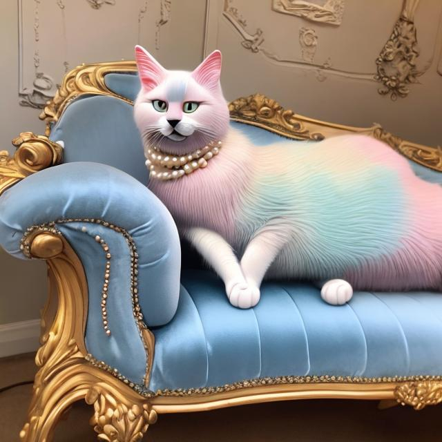 Prompt: Photo of a 3d style realistic multi pastel colored cat wearing a light blue silk evening dress and pearls around its neck sitting on a velvet chaise lounge