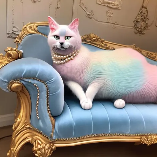 Prompt: Photo of a 3d style realistic multi pastel colored cat wearing a light blue silk evening dress and pearls around its neck sitting on a velvet chaise lounge
