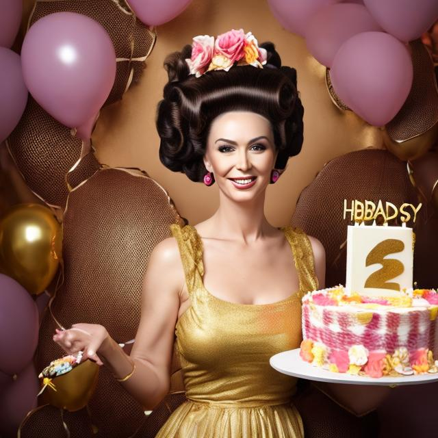 Prompt:  portrait of a woman with a huge beehive hairdo holding a large birthday cake