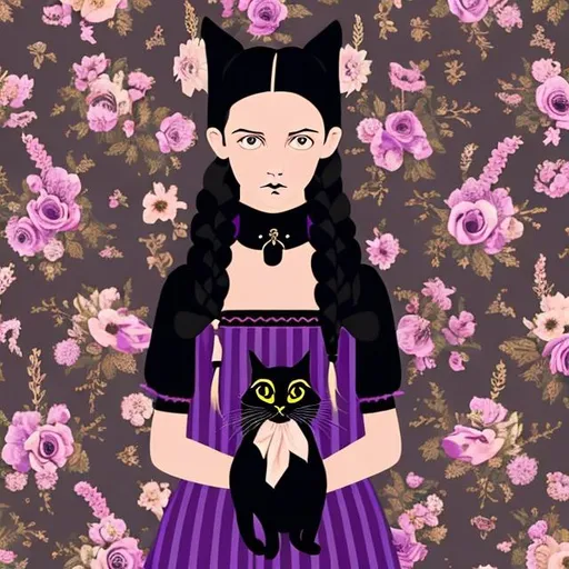 Prompt: Wes Anderson type gothic style portrait of a young girl with long black hair in braids and black gothic dress holding a cute black cat against a backdrop of flowery purple wallpaper