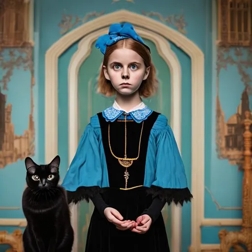 Prompt: wes anderson style gothic young girl with blue frock holding a black cat