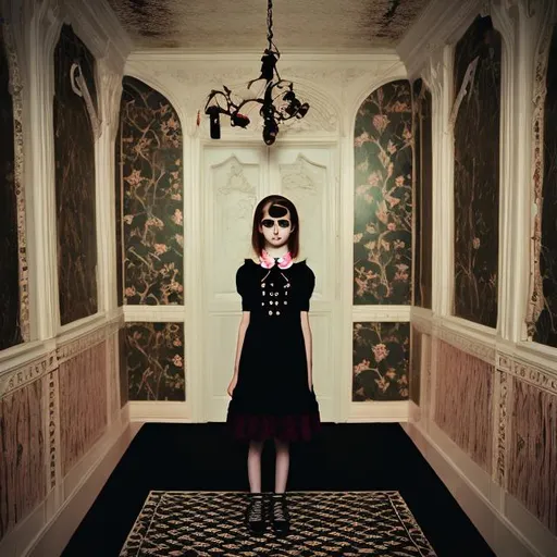 Prompt: wes anderson style gothic young girl with black dress in a dark room