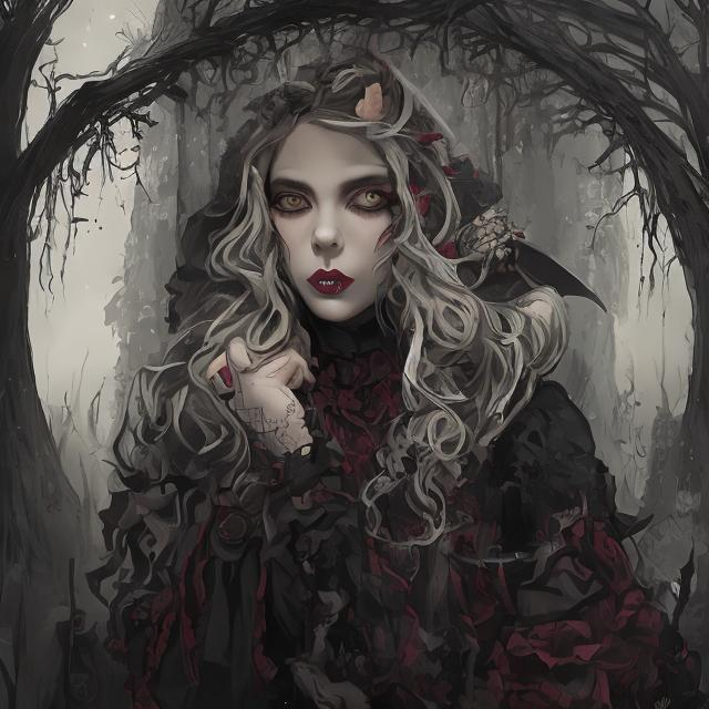Prompt: Ultra Realistic ultra detailed and lifelike Wes Anderson Style and Tim Burton Inspired Portrait of an ominous looking beautiful pale victorian gothic vampiric girl with long blond curly hair wearing a dark burgandy gothic dress and red lips with drops of blood dribbling from her mouth and large dark eyes full of malice against a backdrop of a foggy night in the woods with cinematic quality lighting and detailed brushstrokes of all features