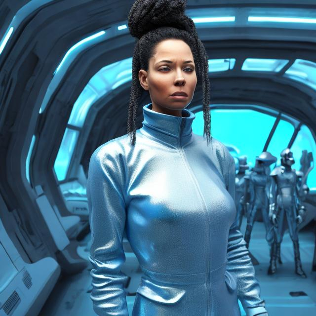 Prompt: portrait of a futuristic apocalyptic fashionable blue woman with a silver jumpsuit standing next to a spaceship