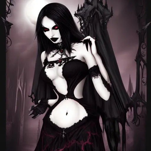 Prompt:  gothic vampiric woman  with black dress 