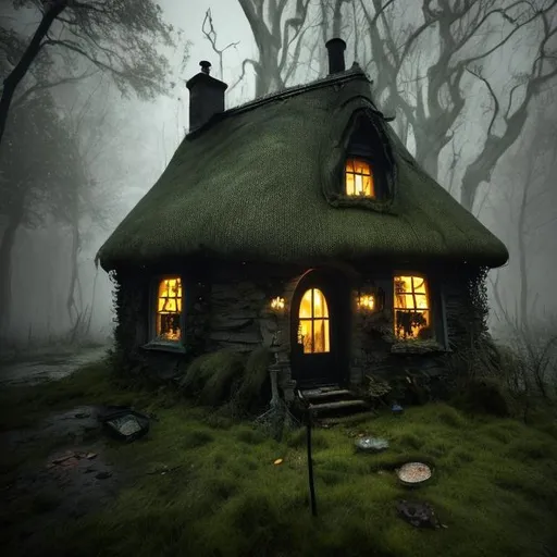 Prompt: ultra realistic dark abandoned small witches cottage in the swamp on a foggy night with lots of foilage and a ultra realistic beautiful green witch woman with a curvaceous figure and black hair wearing a black dress and witches hat stands in front of it