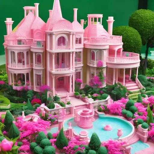 Prompt: Barbie style grand pink mansion estate with beautiful flower bushes and lots of foilage and a water fountain