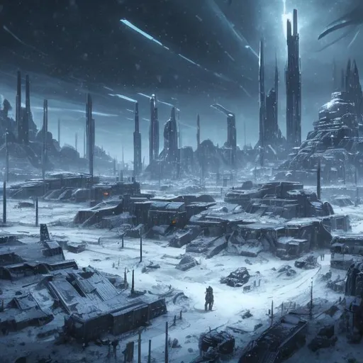 Prompt: a dark snowy futuristic  apocalyptic world 