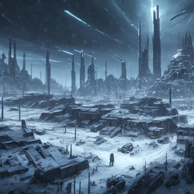 Prompt: a dark snowy futuristic  apocalyptic world 