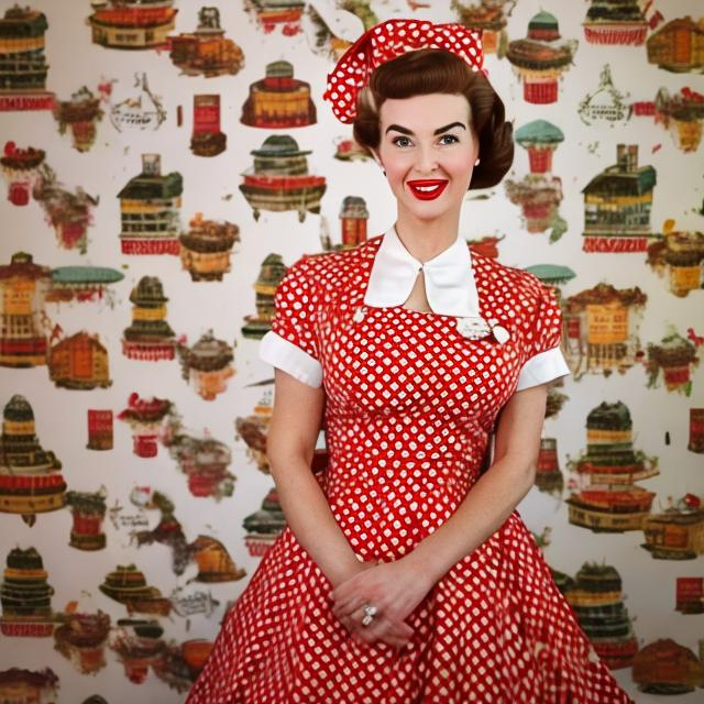 Prompt: Wes Anderson type portrait of a 1950s housewife with a huge beehive hairdo in a red dress with a white apron against a backdrop of 1950s style wallpaper holding a birthday cake