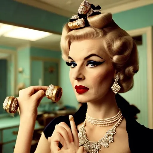 Prompt: Wes Anderson Style 1950s housewife with full makeup, wearing a black evening dress and a diamond necklace with curlers in her blond hair 