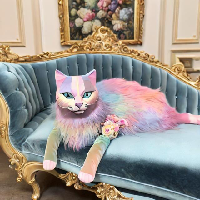 Prompt: Photo of a 3d style realistic multi pastel colored cat wearing a light blue silk evening dress and pearls around its neck sitting on a velvet chaise lounge