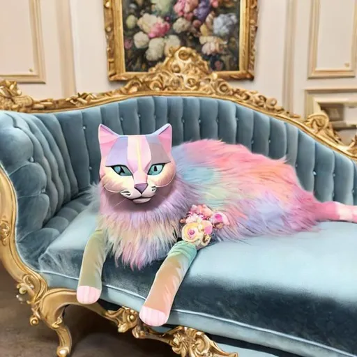 Prompt: Photo of a 3d style realistic multi pastel colored cat wearing a light blue silk evening dress and pearls around its neck sitting on a velvet chaise lounge