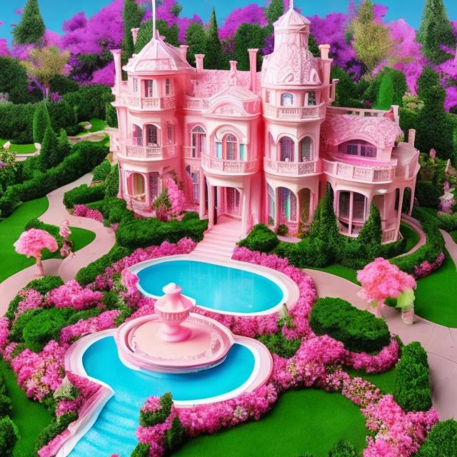 Prompt: Barbie style grand pink mansion estate with beautiful flower bushes and lots of foilage and a water fountain
