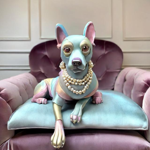 Prompt: Photo of a 3d style realistic multi pastel colored dog wearing a light blue silk evening dress and pearls around its neck sitting on a velvet chaise lounge