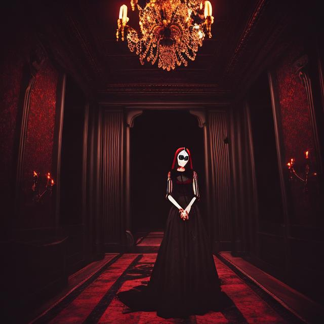 Prompt: wes anderson style gothic vampiric woman  with black dress in a dark room