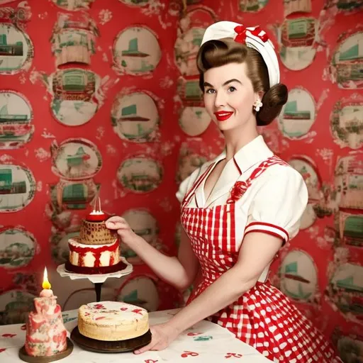 Prompt: Wes Anderson type portrait of a 1950s housewife with a huge beehive hairdo in a red dress with a white apron against a backdrop of 1950s style wallpaper holding a birthday cake
