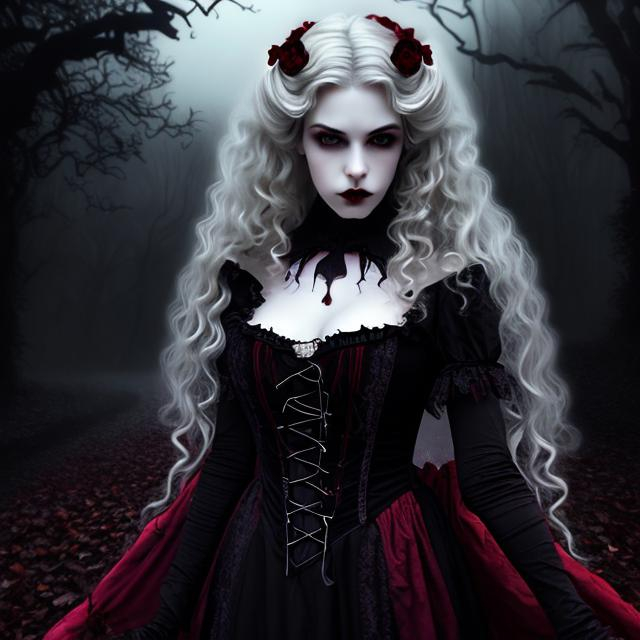 Prompt: Ultra Realistic ultra detailed and lifelike portrait of an ominous looking beautiful pale victorian gothic vampiric girl with long blond curly hair wearing a dark burgandy gothic dress and red lips  and large dark eyes full of malice against a backdrop of a foggy night in the woods with cinematic quality lighting and highly detailed features