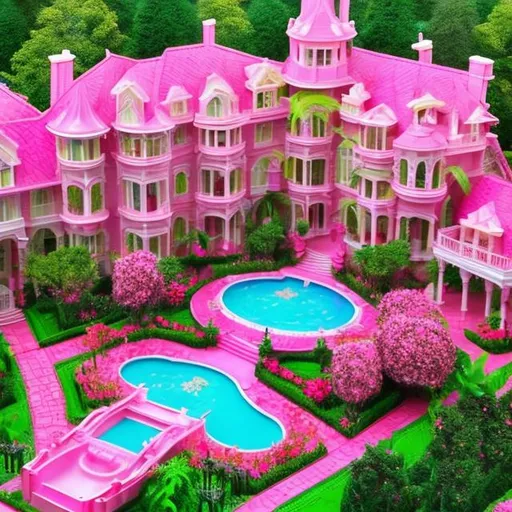 Prompt: Barbie style grand pink mansion estate with beautiful flower bushes and lots of foilage and a water fountain